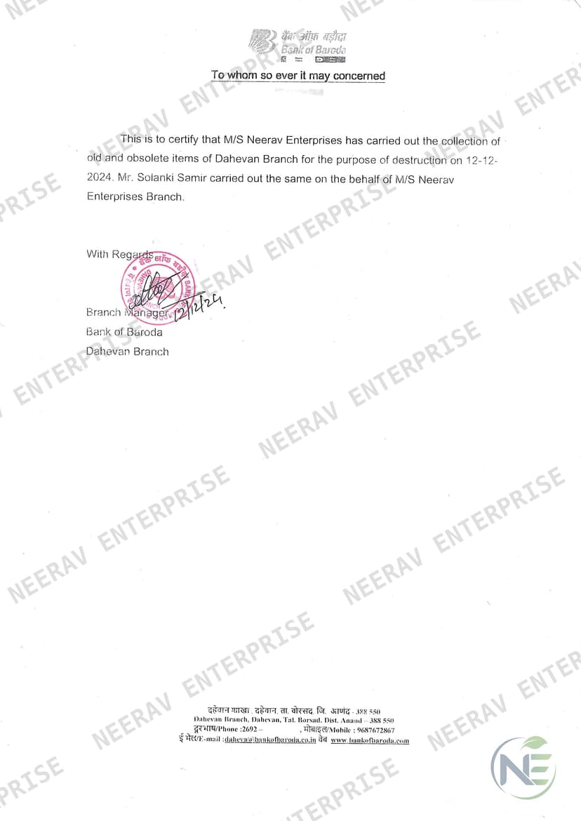 Bank of Baroda certificate