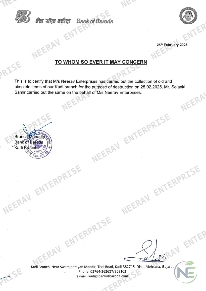 Bank of Baroda certificate
