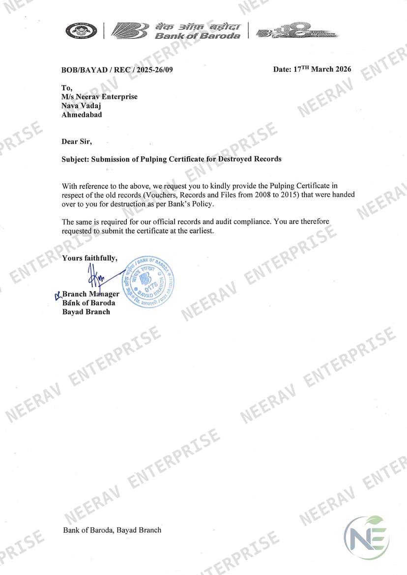 Bank of Baroda certificate