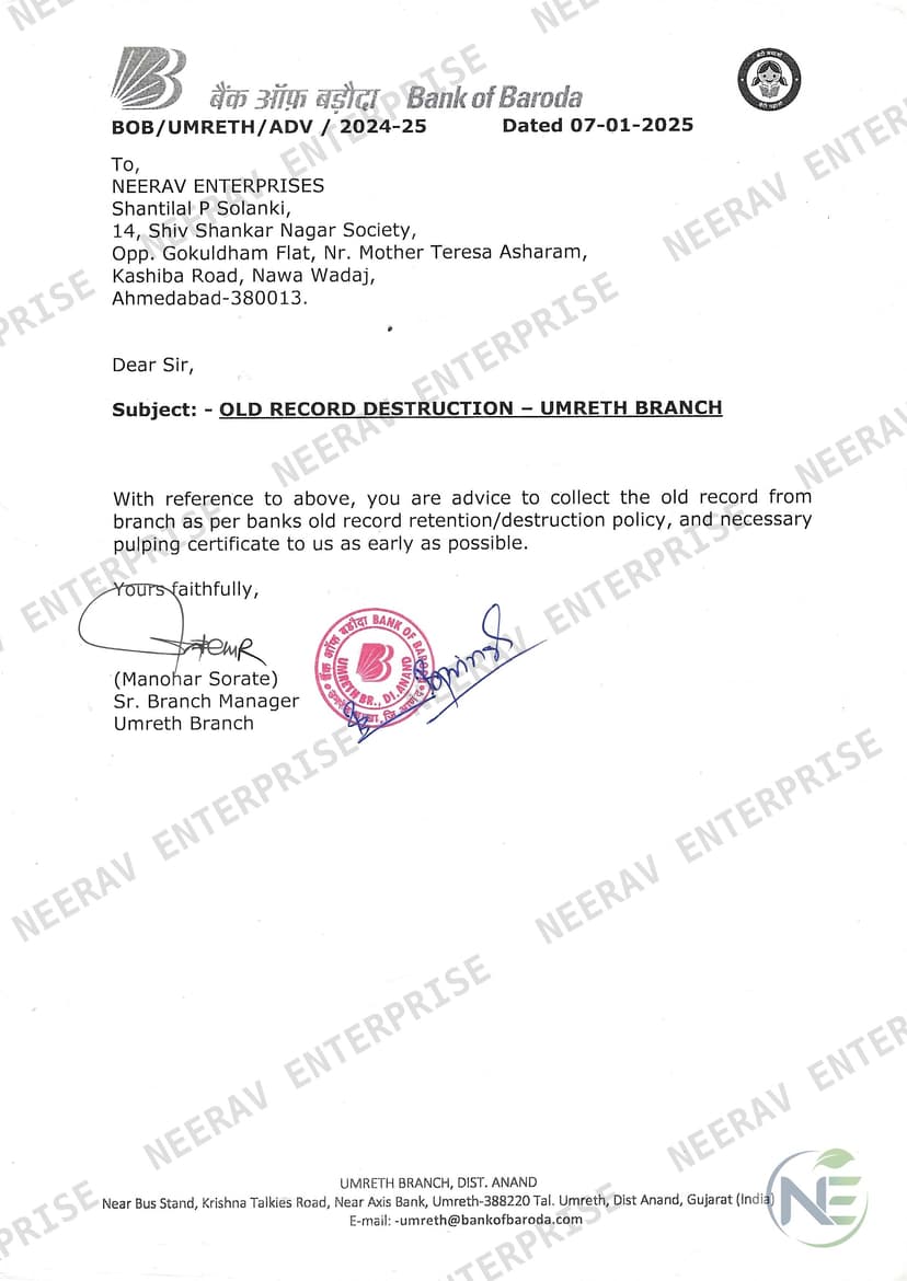 Bank of Baroda certificate