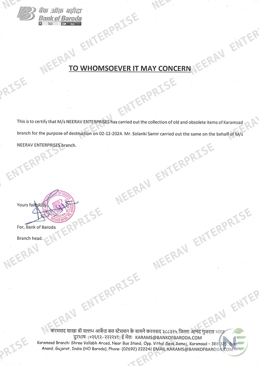 Bank of Baroda certificate