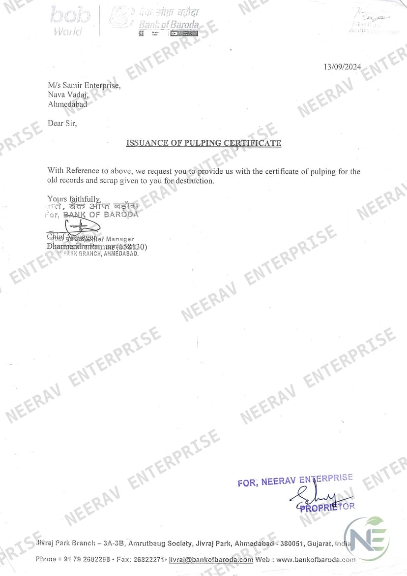 Bank of Baroda certificate