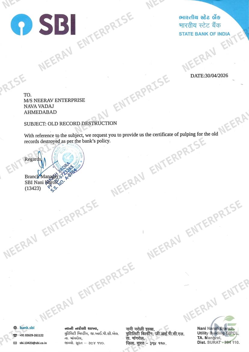 State Bank of India certificate