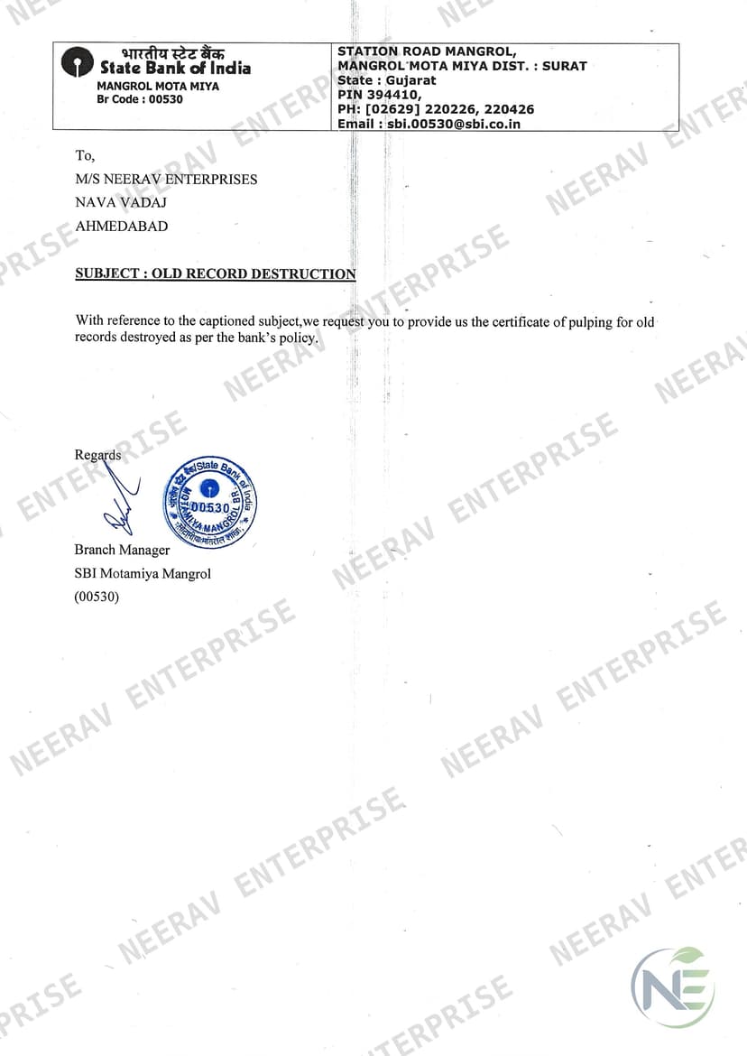 State Bank of India certificate