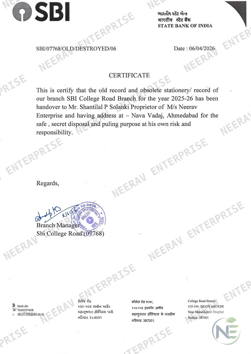 State Bank of India certificate