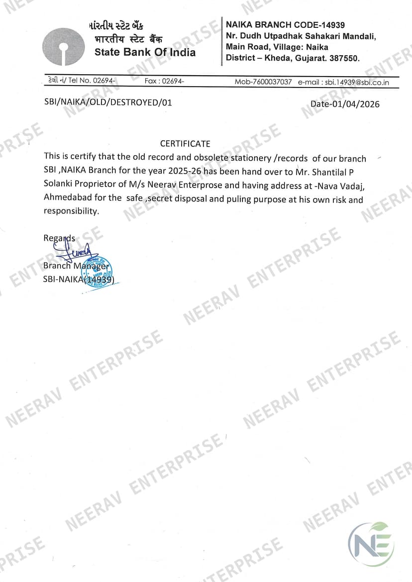 State Bank of India certificate